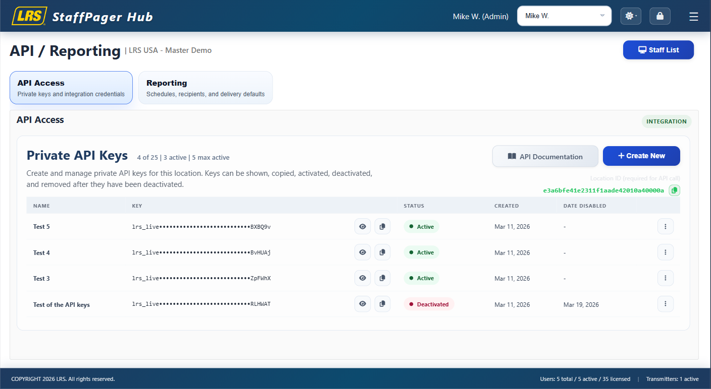 API access key management interface