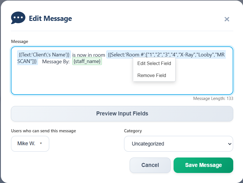 Message designer with dynamic preset field options