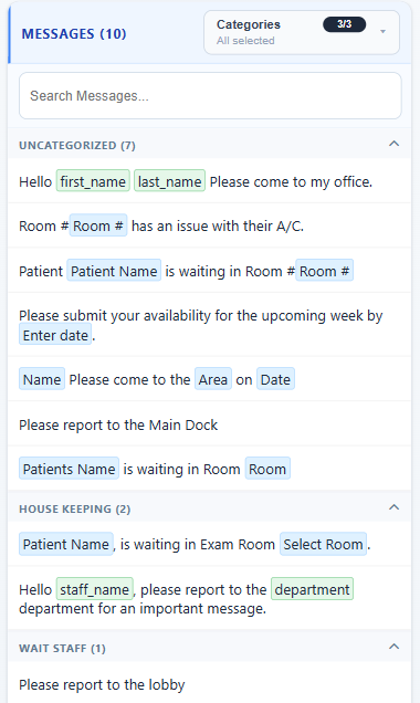 Preset messages organized by category