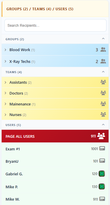 Recipients panel with groups, teams, and users